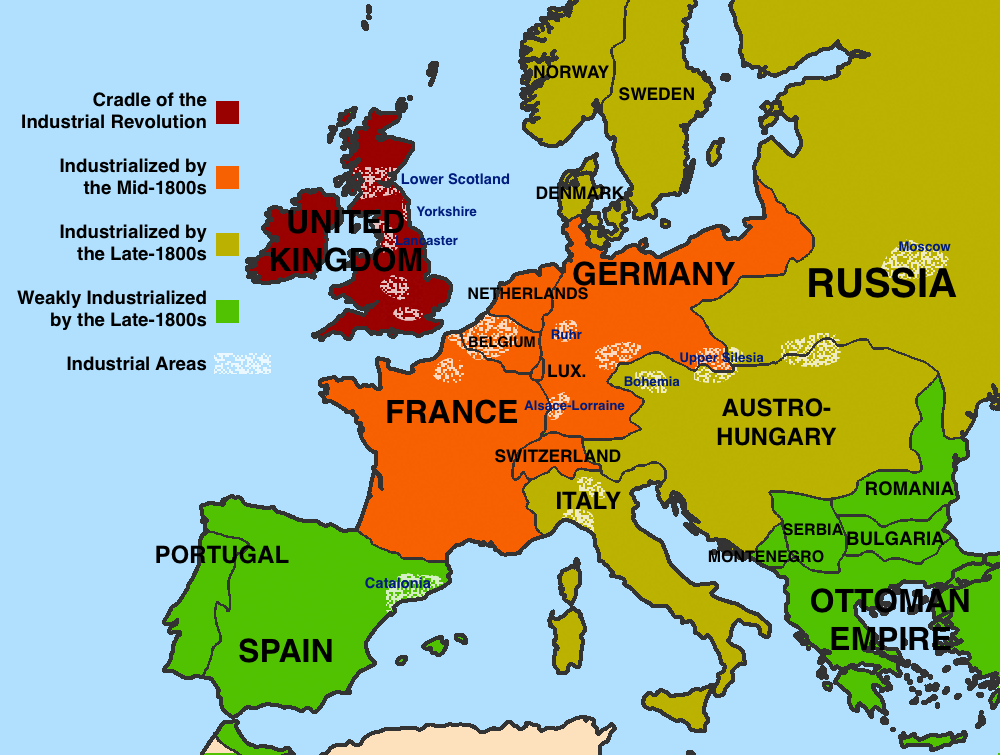 A map of Europe colored to show which countries industrialized at which time